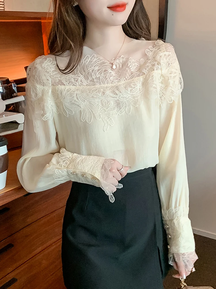 French Vintage Floral Blouses Women Long Sleeve O-Neck Shirts Lace Shirts Famale Sexy Lace Elegant Tops Ladies 2023