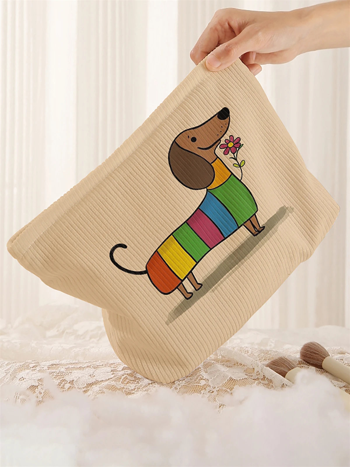 1pc cartoon dog pattern printed corduroy makeup bag, lightweight zipper makeup storage box, multifunctional bag with lining