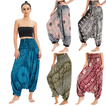 Pantaloni della Boemia Donna Pantalones Mujer Hippie Vita alta Rayon Harem Baggy Boho Yoga Beach Wear Pour Femme Calca Feminina Stampato