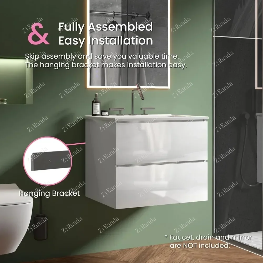 Bathroom vanity with washbasin, modern floating toilet set with double soft closure drawers, 24 inches