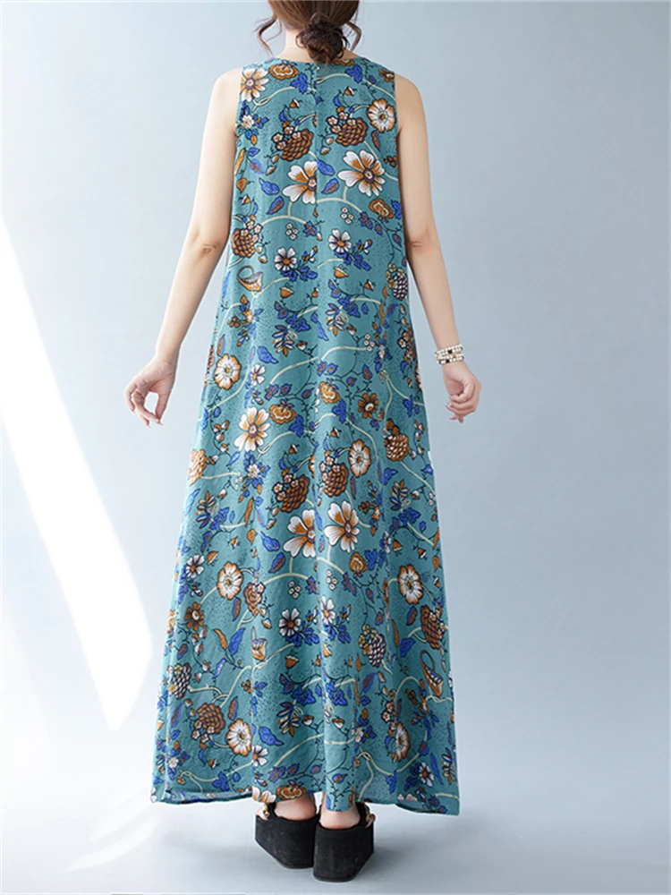 2025 Summer Cotton Vintage Sleeveless Print Dresses For Women Casual Loose Long Dress Femme Robe Vestidos Boho Elegant Clothing