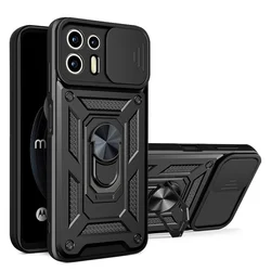Robust Armor Slide Camera Lens Protection Case with Magnetic Holder Ring Stand for Motorola Edge 20 Lite (Black)