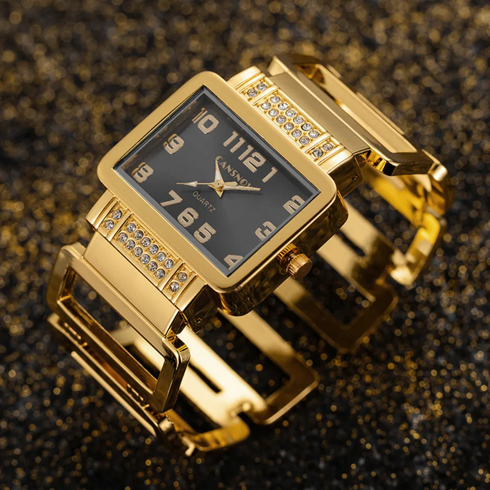 New CANSNOW Rectangle Ladies Wrist Watch Silver Bangle Watches For Women Crystal Hollow Stainless Steel Quartz Female Clock 5