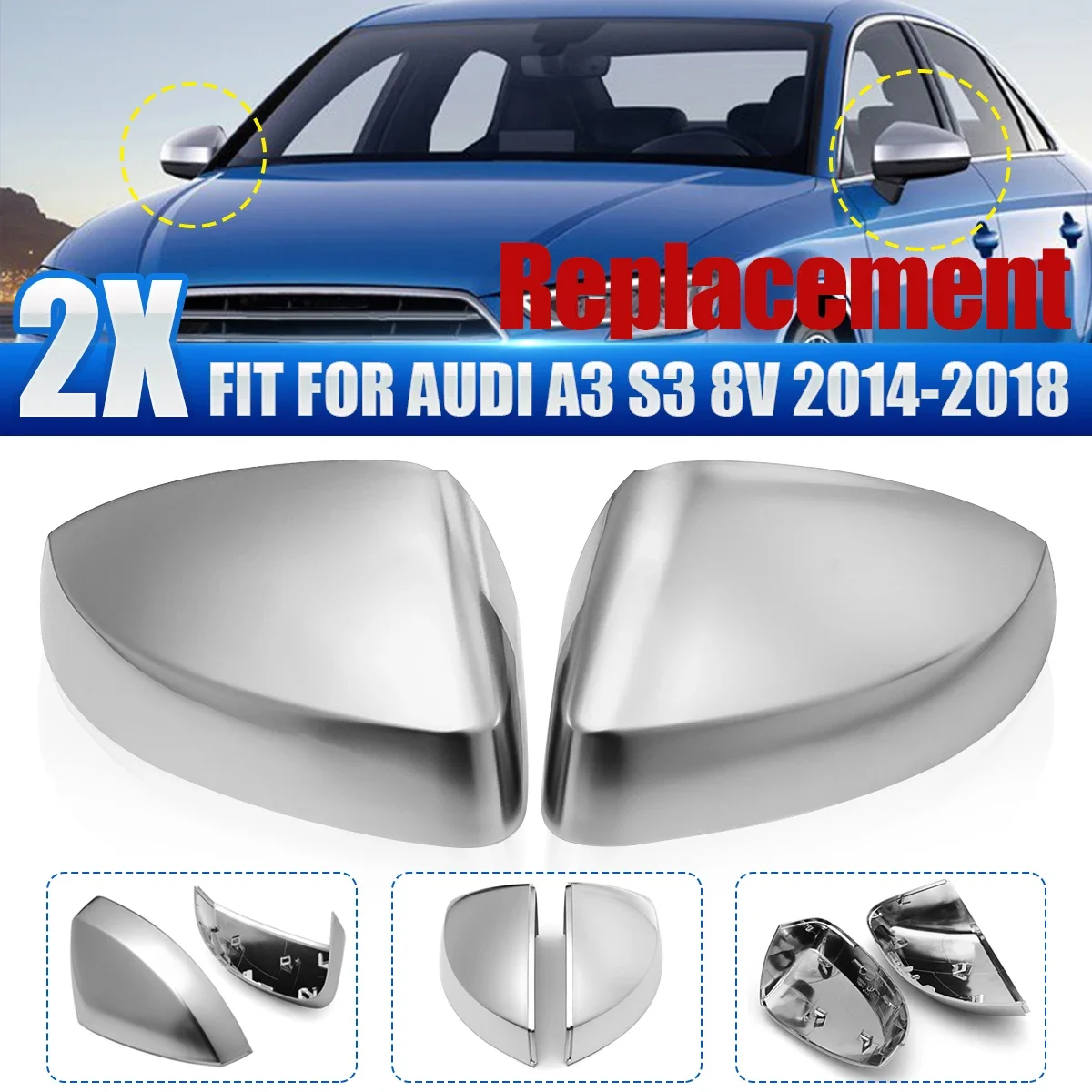 

Pair Aluminium Chrome Silver Rearview Mirror Cover Protection Cap For Audi A3 S3 2013- 2019 Replacement Mirror Cover Caps