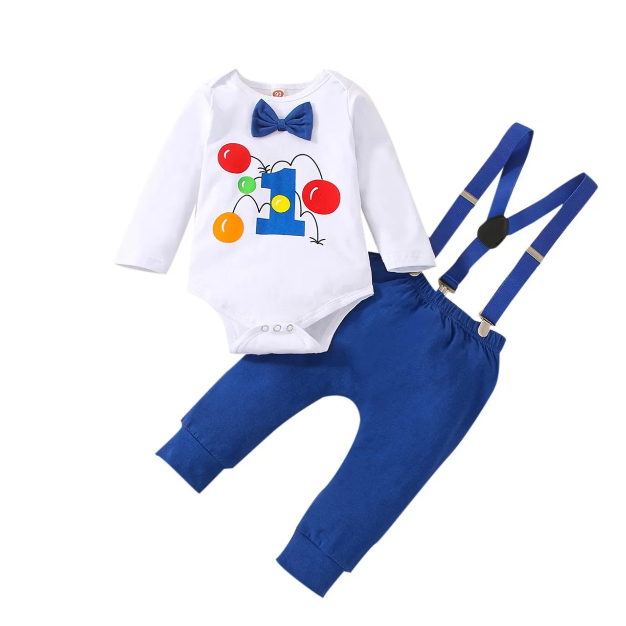 Baby Boy Clothes NO.1 Printed Romper Long Sleeve Bodysuits with Suspender Pants First Birthday Outfit for Cake Smash Photograph