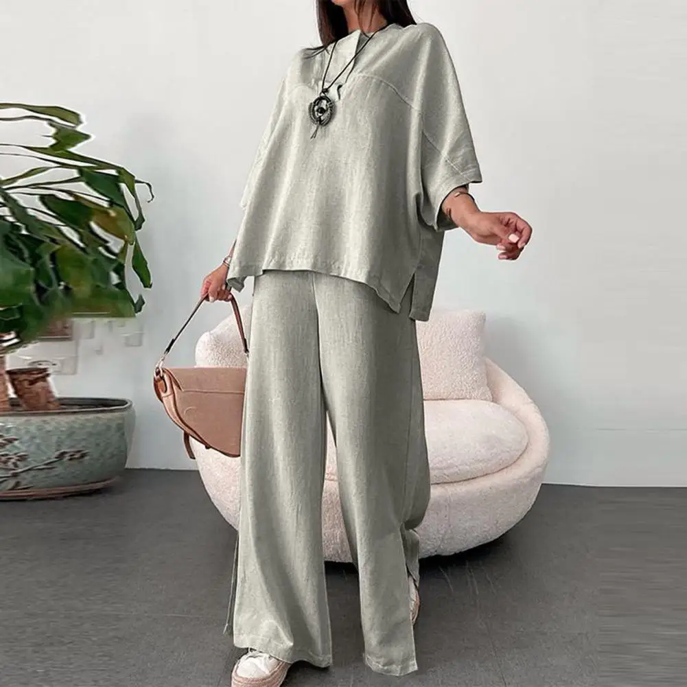 

Women Clothing Set Vintage Wide Leg Trousers Set Soft Breathable Elastic Waist Lady T-shirt with Three Quarter Sleeves Split Hem