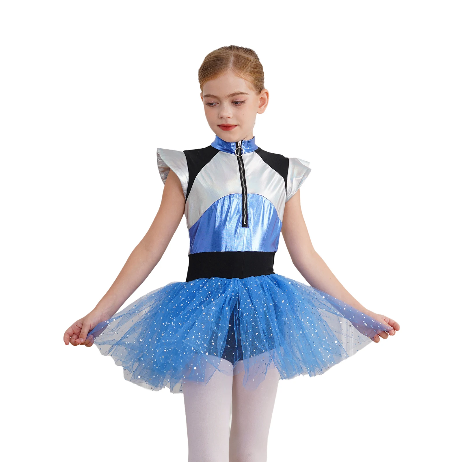 Description Picture 2 of itemKids Girls Cheerleading Uniform School Girls Cheer Dance Dress Short Sleeve Shiny Spangles Tutu Dress Bodysuit Alien Costume