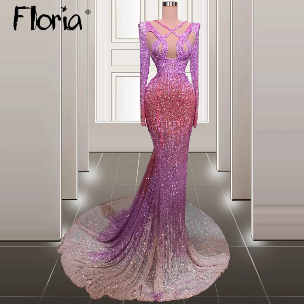 

Long Mermaid Evening Dress Bling 2023 Luxury Pink Party Gowns Beaded Long Sleeve Arabic Vestidos De Noche Women Engagement Dress