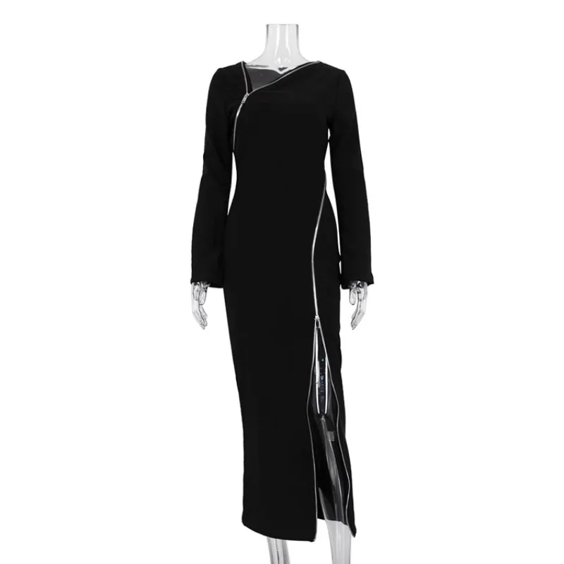 Vestido negro con cremallera y aberturas laterales para mujer, elegante y ajustado, estilo retro, para fiesta y noche.