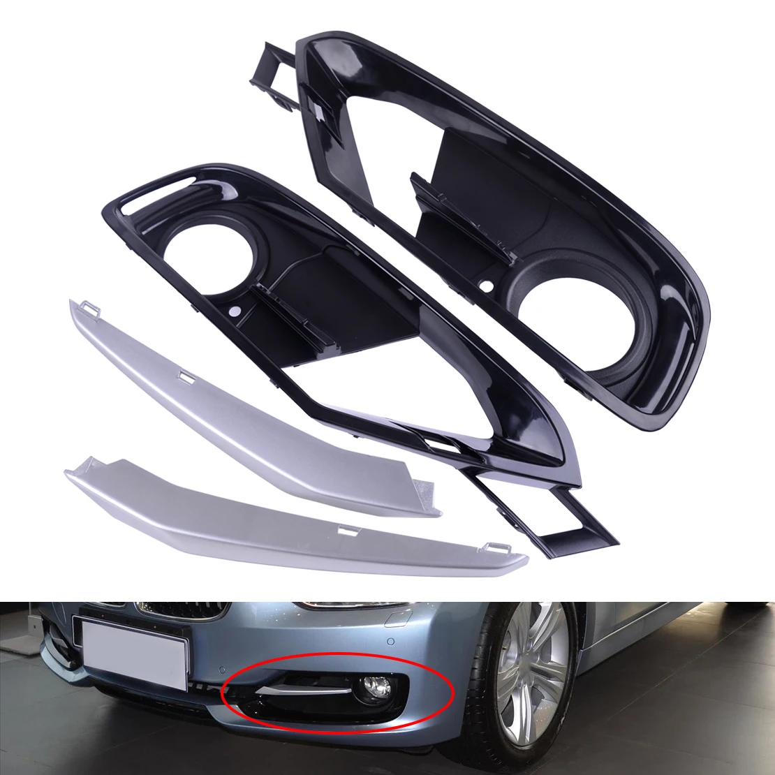 CITALL 2 Open Grid Front Bumper Fog Light Grille 2 Chrom Trim Fit for BMW 3 Series F30/F31 2012-2015 51117300739 51117300740