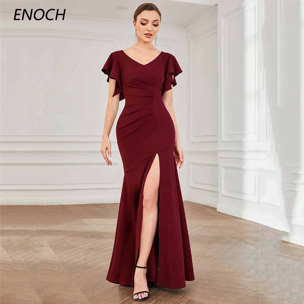 

ENOCH Simple V-Neck Chiffon Evening Dresses Side Slit Short Sleeves Formal Gowns Pleat Floor Length Vestidos De Gala Custom Made