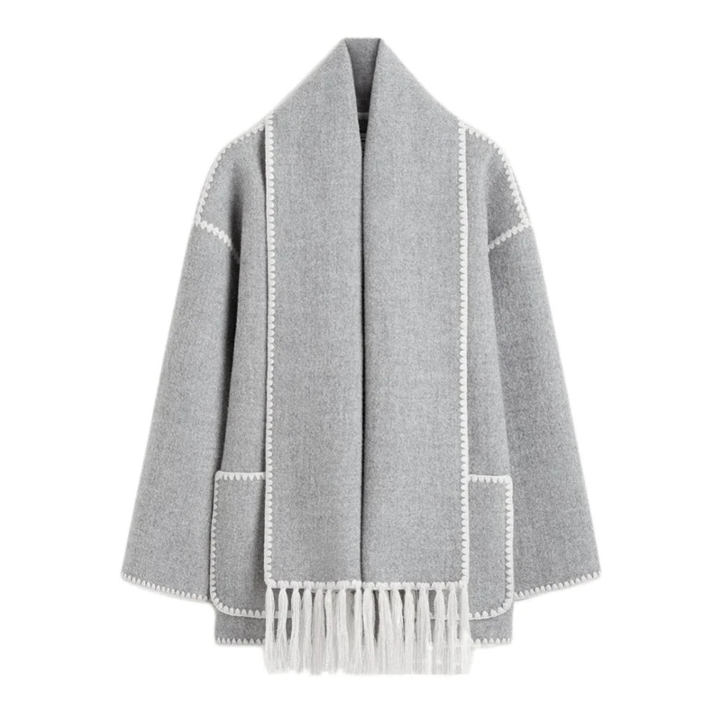 Fashion Loose Wool Coat With Scarf Women Elegant Pockets Long Sleeve Warm Dropship