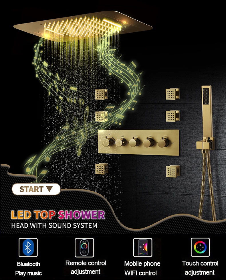 Description Picture 2 of itemM Boenn Brushed Gold Modern Music Shower System Rainfall LED Shower Head Concealed Thermostatic Mixer Smart Bathroom Faucet Set