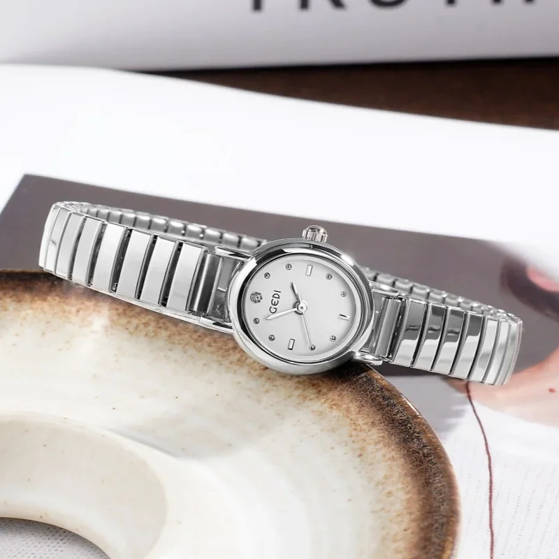 Women's Small Wrist Quartz Watch - Silver, Grey, and Gold Oval Design with Stainless Steel Band