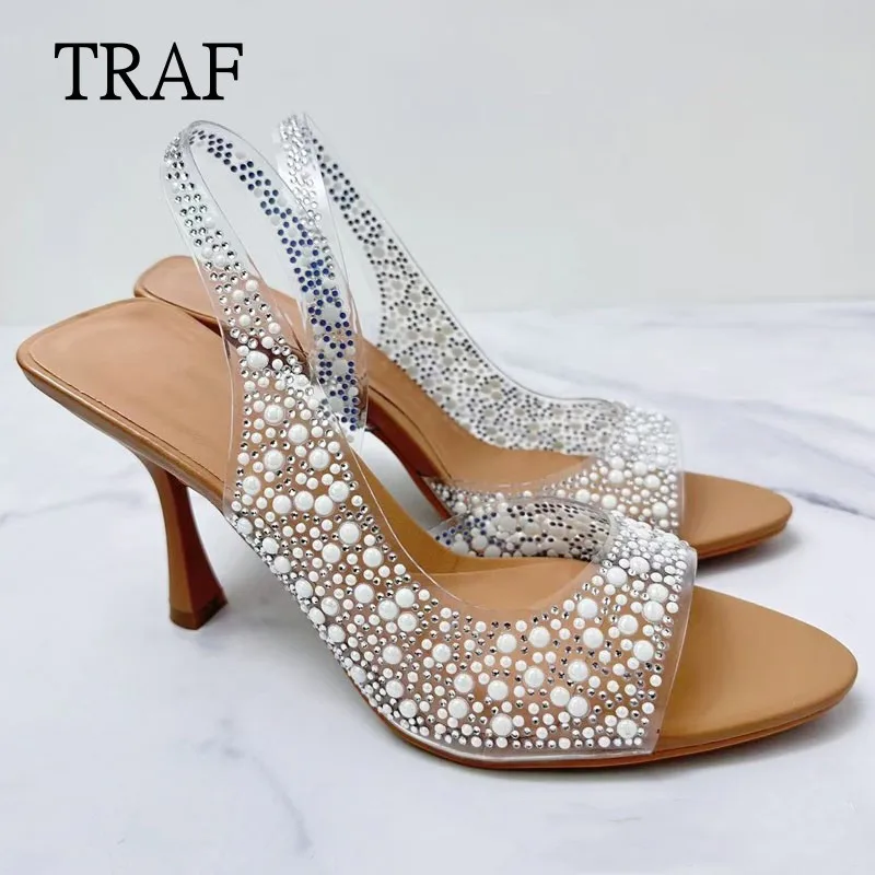 

TRAF 2024 Summer Rhinestone Slingback Pumps Women High Heeled Sandals Lady Elegant Pointed Toe Female Sexy High Heels Woman Shoe