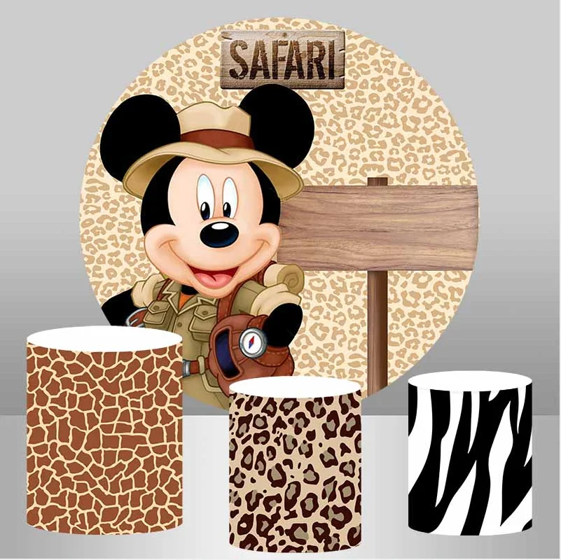 Safari Circle Fondale Topolino Leopardo Bambini 1 ° Compleanno Baby Shower Sfondo Rotondo Copritavolo Decorazioni Per Feste