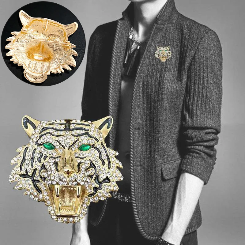 

Rhinestone Roaring Tiger Brooche Men Big Tiger Head Women Party Brooch Pin Gift