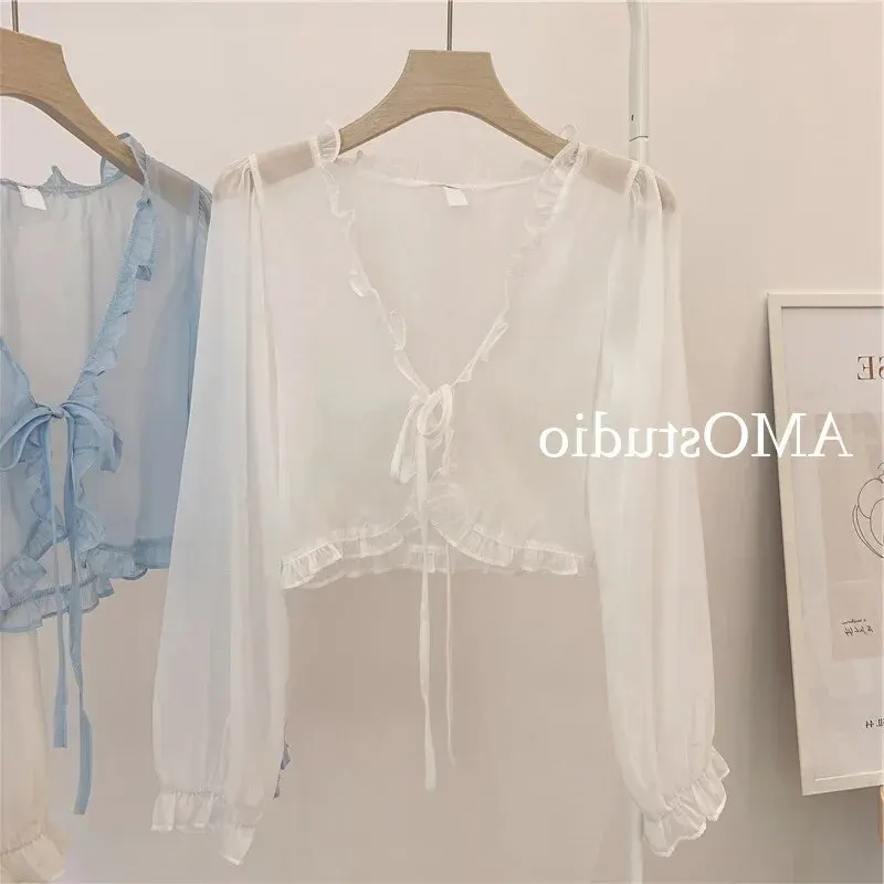 여성용 울트라 페어리 가디건, 얇은 자외선 차단 셔츠, 프렌치 스타일 용수철, 가을 소매, 우드 이어 엣지 숄더 재킷, 여름