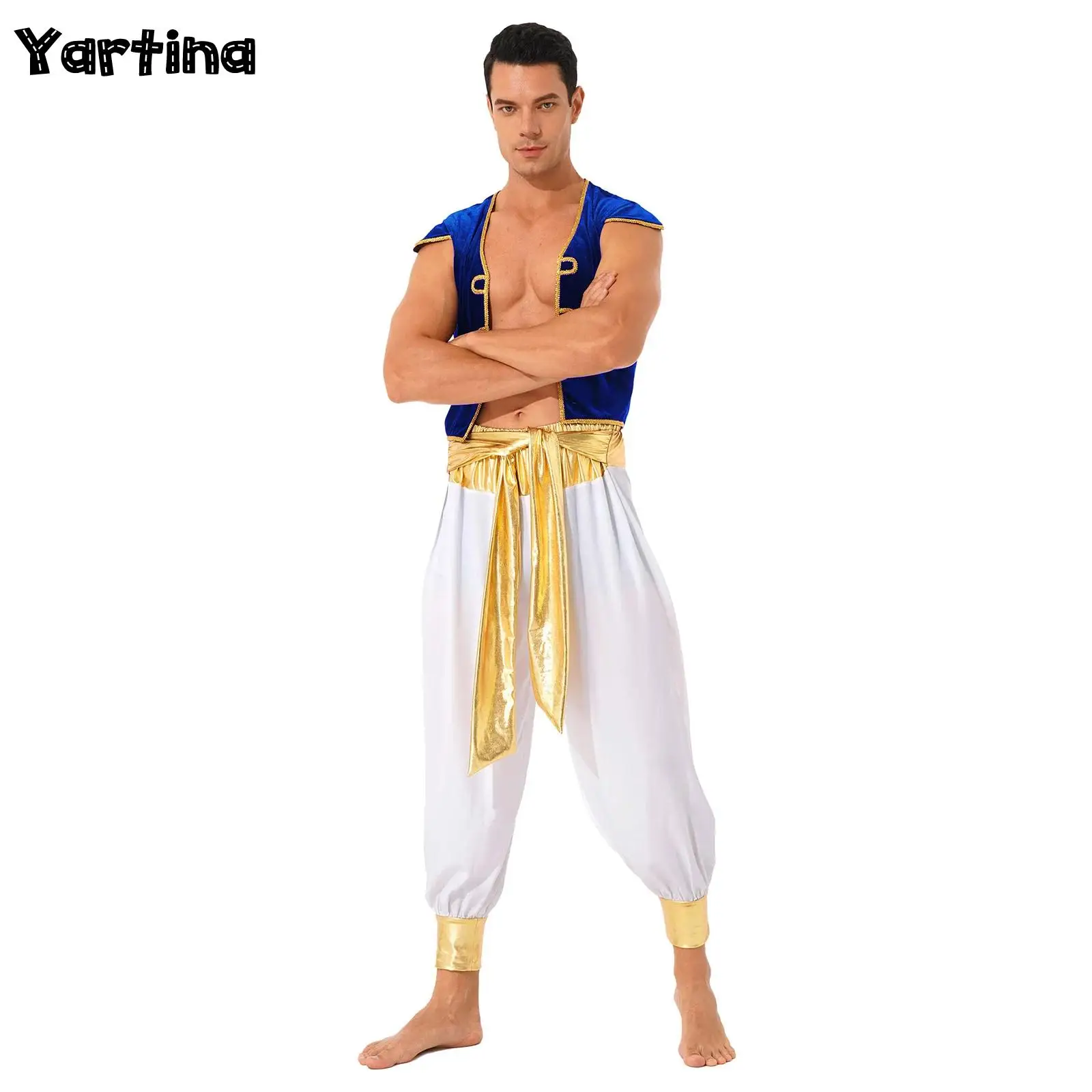 

Mens Arabian Prince King Cosplay Outfit Costume Halloween Party Dress Up Cap Sleeve Vest Waistcoat with Belted Bloomers Pants