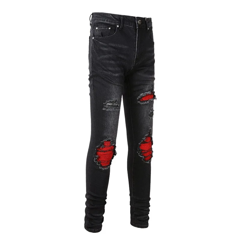 Mens Black Slim Fit Ripped Jeans Streetwear Hip Hop Red Patch Frayed Elastic Hole Jeans Trousers Male 3