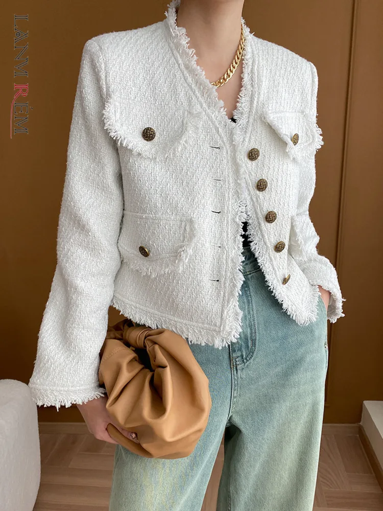 

[LANMREM] Tassel Design Tweed Jackets For Women V Neck Single Breasted Office Lady Loose Coats 2024 Spring New Tops 26D8245