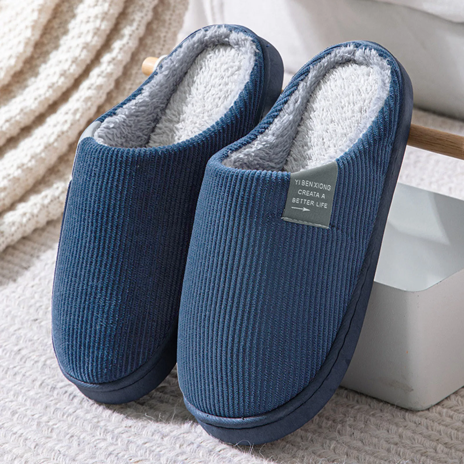 Non Slip Slippers Winter Warm Fur Men House Soft Comfortable Flat Heel Home Indoor Bedroom Fleece Plush