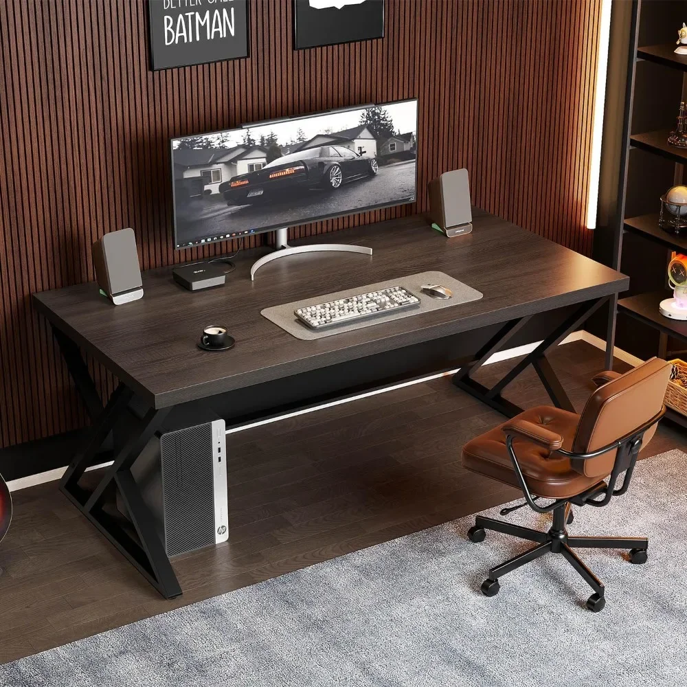"contemporary metal and wood home office desk, industrial style writing table for study and bedroom, farmhouse inspired executiv