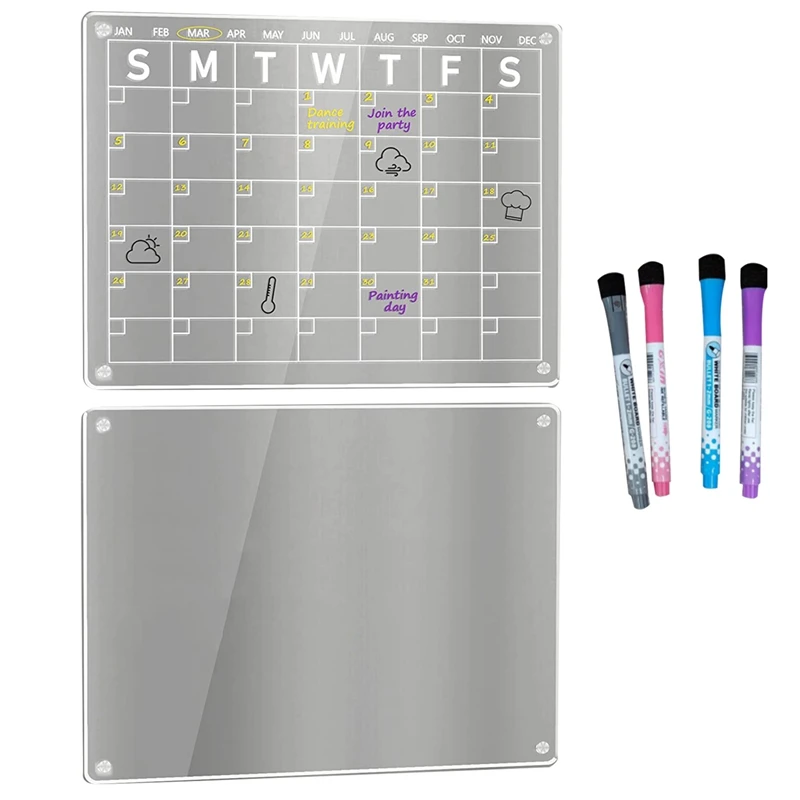 

2 PCS Transparent Acrylic Magnetic Calendar Board For Fridge, 16X12 Inch For Refrigerator With 4 Markers