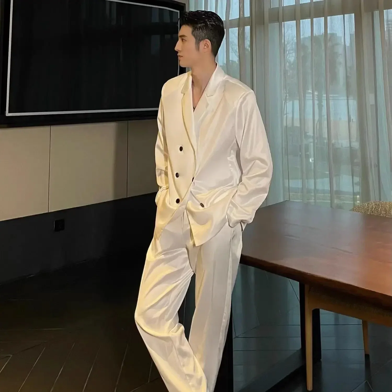 Spring New Niche Casual Temperament Suit  Fashion Loose High Street Loose Overcoat Long Pants Men Trousers Set Male Clothes 3