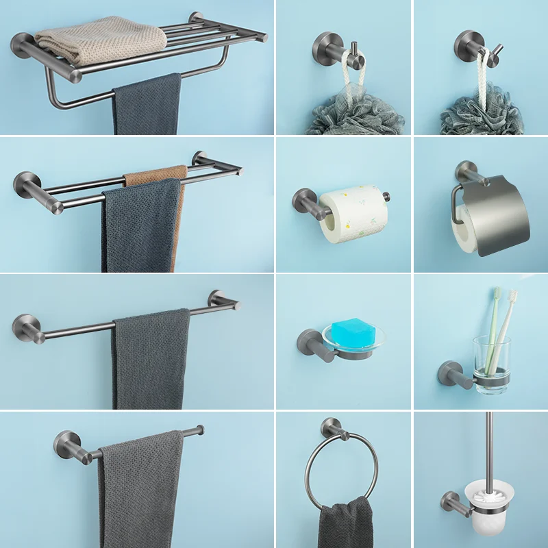 Grey 304 Stainless Steel Bath Towel Rack Towel Rack Cup Holder Paper Coat Hook Toilet Brush Holder Bathroom Accessories