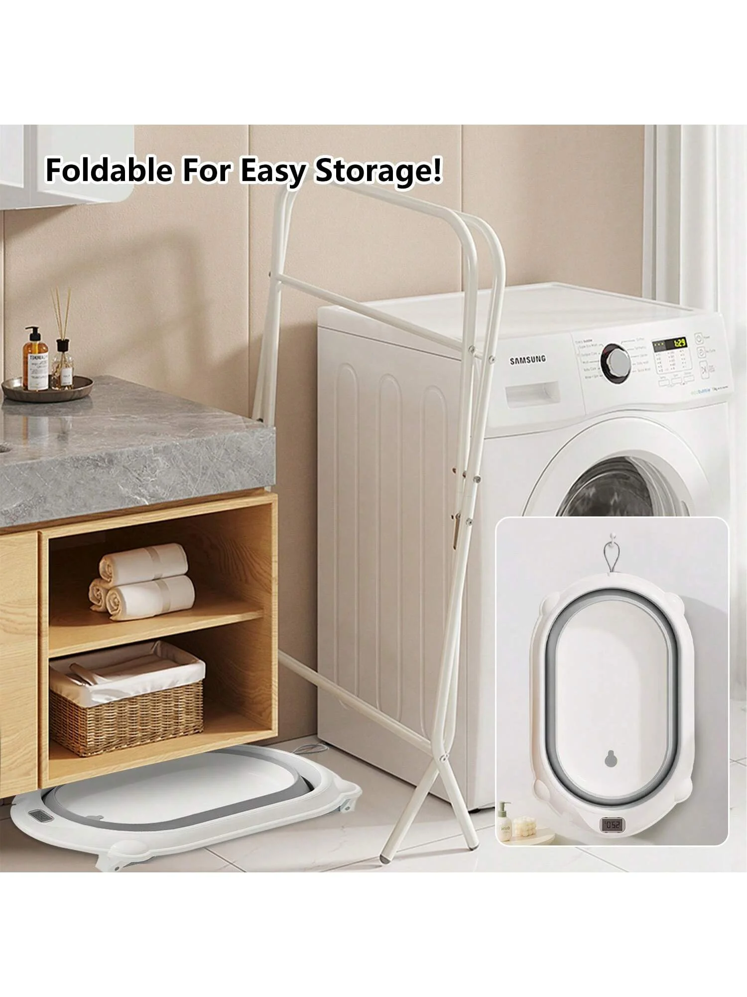 Foldable Baby Bath Tub with Stand, Built-in Thermometer,