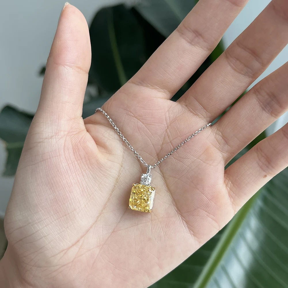 925 Sterling Silver 9*10mm Yellow Ice Cut Topaz High Carbon Diamoind Pendant Neckalce for Women Party