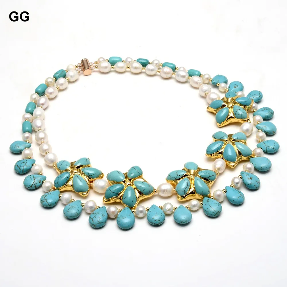 2 Rows Natural Cultured White Rice Pearl Blue Turquoises Flower Necklace Handmade For Women