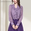 Womens Little Floral Printed Long Sleeve Chiffon Blouse Shirt For Spring Summer Light Purple Casual V-Neck Ruffle Top