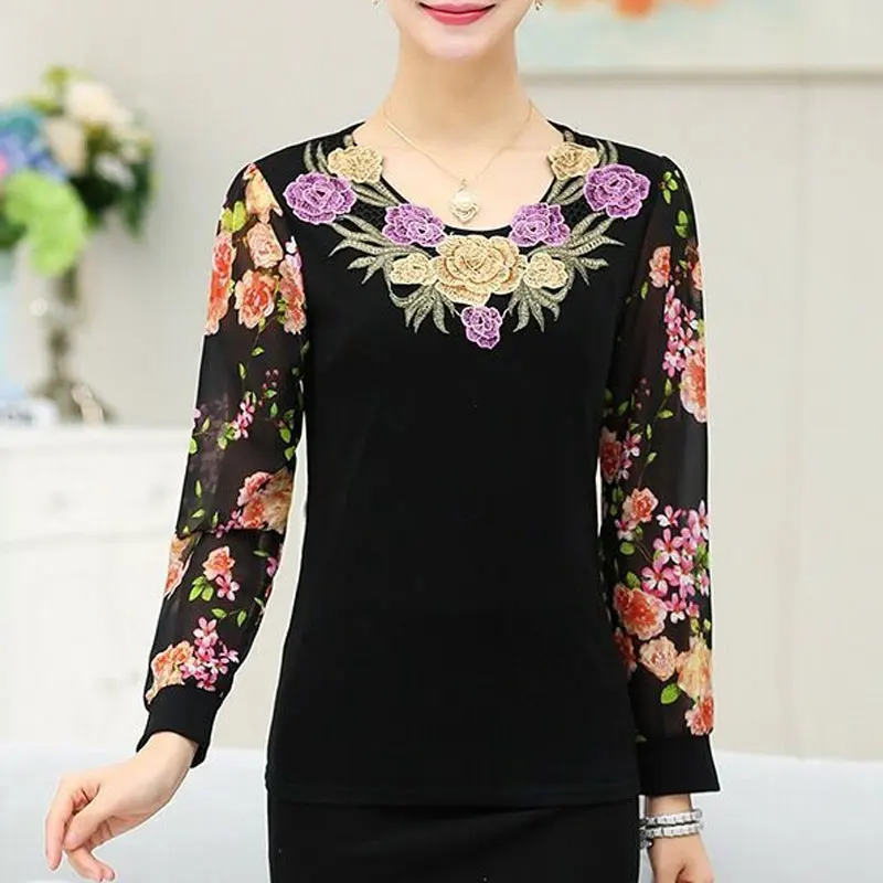 Vintage Floral Embroidered Long Sleeve Blouse - Women's Casual Spring/Autumn O-Neck Shirt