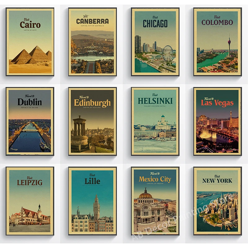 World Travel City Poster Visit Chicago/Las Vegas/Cairo Retro Prints Tourism Enthusiast Vintage Home Room Decor Art Wall Painting 1