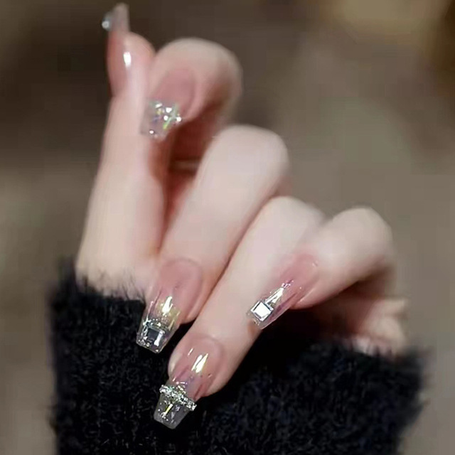 gradient rhinestone artificial nails with glue press on fake nails short acrylic false nails with designs Reusable Ballet