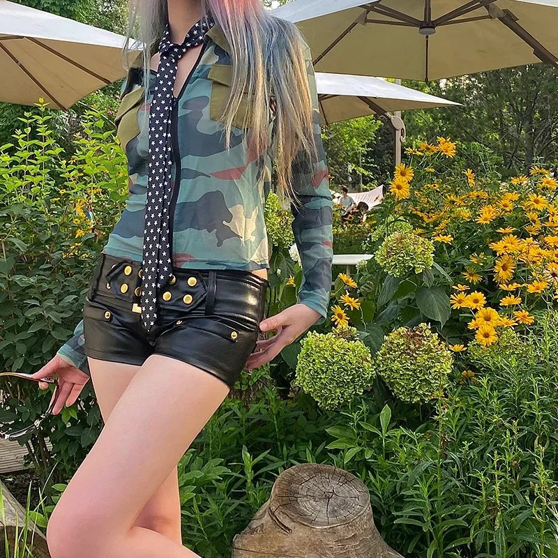 Vintage Retro Hot Girl PU Leather Shorts Low Waist Gold Buckle Slim Super Shorts Punk Gothic Shorts Women
