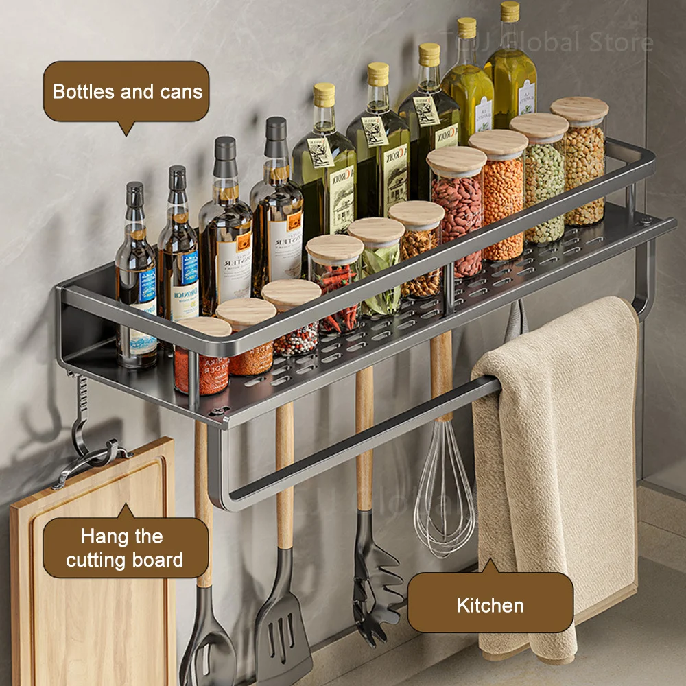 1/2PCS Wall Mounted Spice Rack No Drilling Kitchen Spice Organizer with Hook Spice Storage Rack Bathroom Kitchen Storage Shelf 4