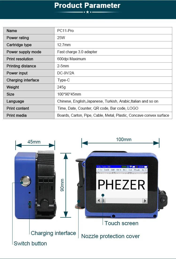 PC12 12.7mm Handheld mini printer Detachable mini printer QR Bar Batch Code Date
