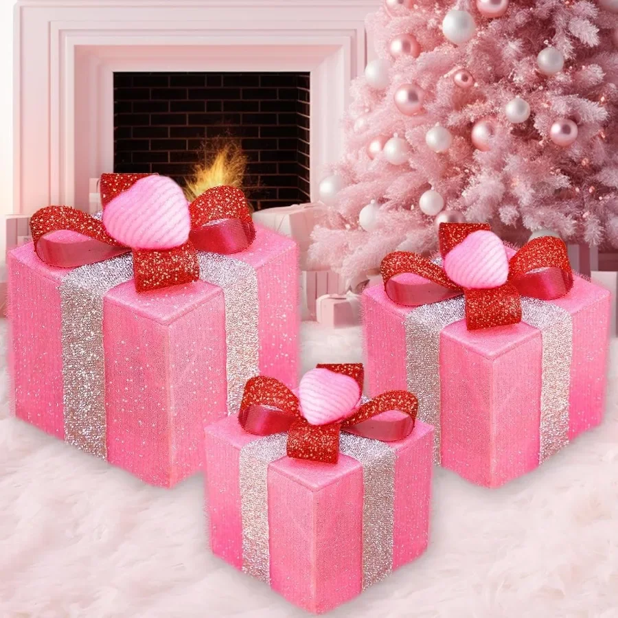 Timer 8 Mode 3 Pack Christmas Decorations with Lighted Gift Boxes Featuring Pink Hearts and Red Glitter Bow 60 LED Battery Oper