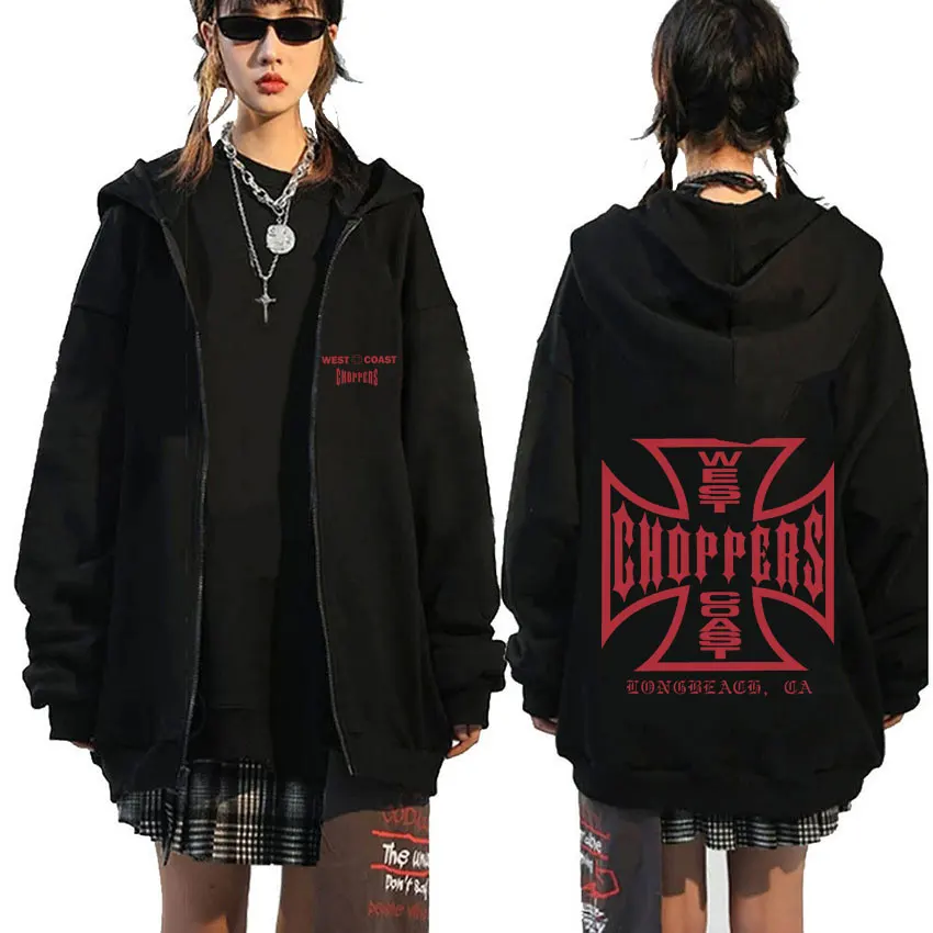 

West Coast Choppers Cross Double Sided Print Zipper Hoodie Men's Hip Hop Oversized Hoodies Streetwear Male Vintage Zip Up Jacket