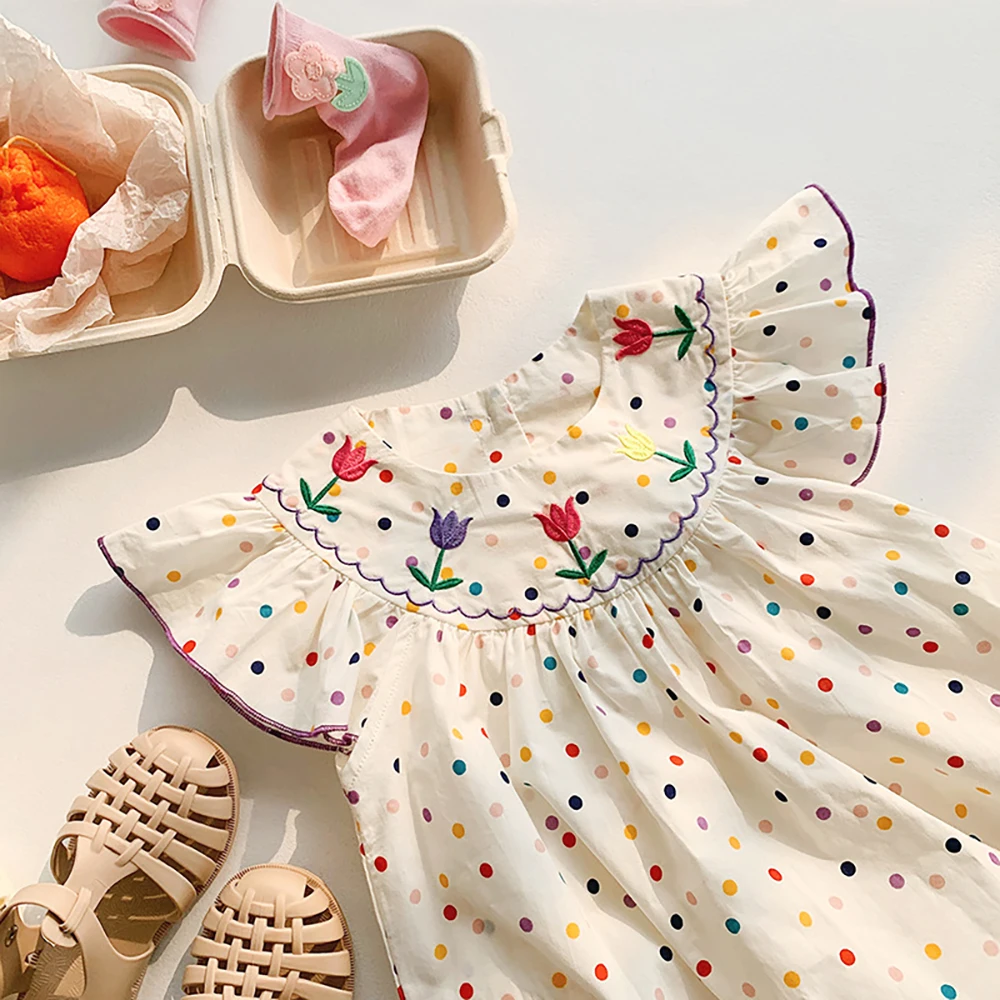 

Summer Kids Girls Colorful Polka Dots Dress Tulip Floral Embroidery Korean Style Ruffle Fly Sleeve Princess Dress Children 1-8Y