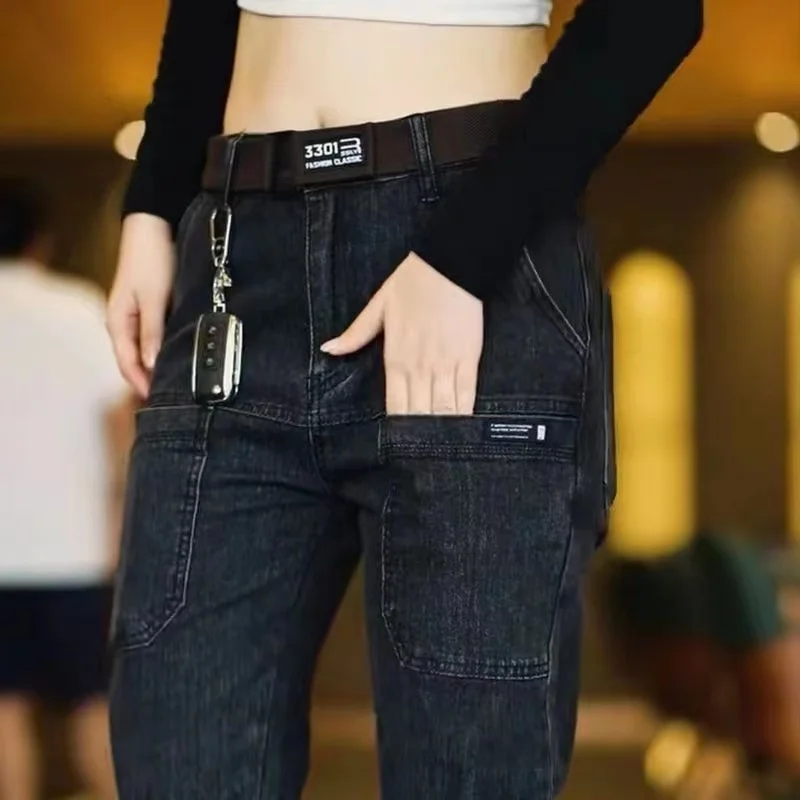 2024 New Brand Mens Casual Multiple Pockets Jeans Mid-Waist Elastic Straight Denim Trousers Versatile Loose Personality Pants 2