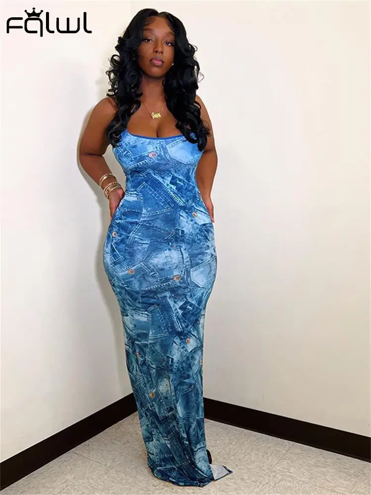 

Akaily Sexy Blue Jean Print Long Dress Party Evening For Women 2023 Summer Backless Bodycon Booty Maxi Dress Camisole Dresses