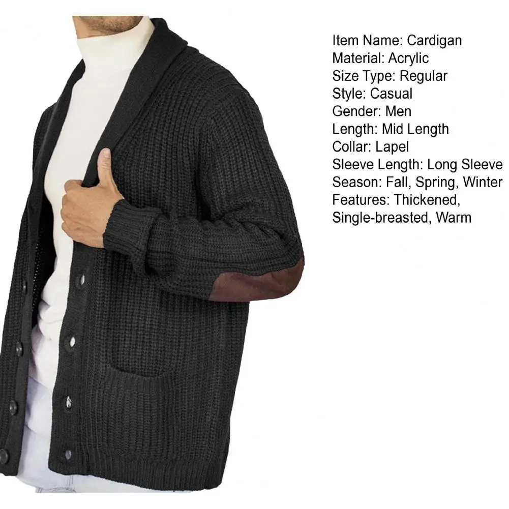 Description Picture 3 of itemSingle-breasted Cardigan Thick Warm Knitted Cardigan Coat with Faux Suede Patchwork Elastic Pockets for Men