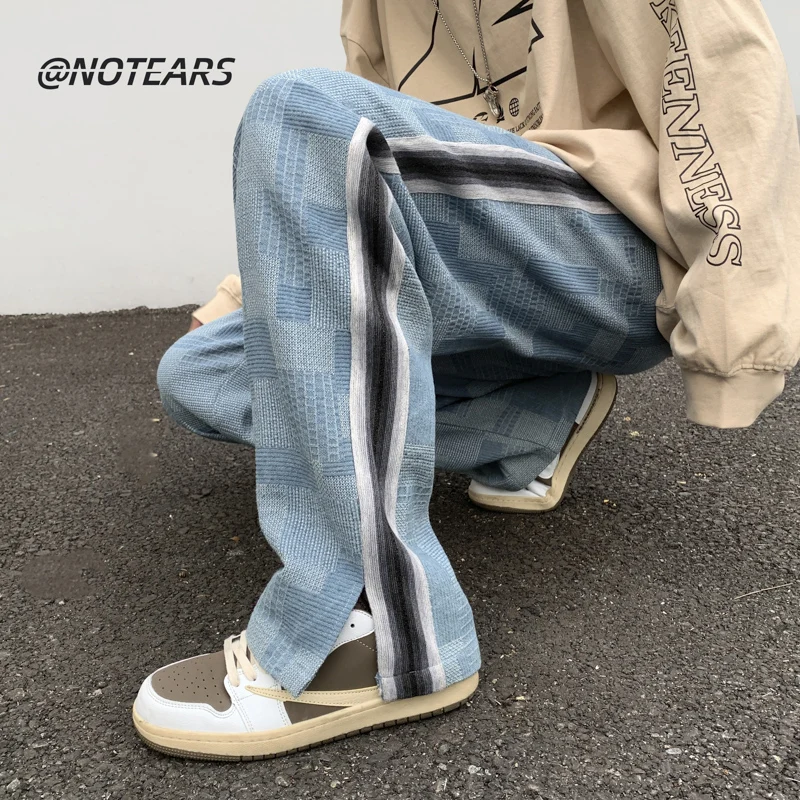 

Hong Kong style exterior high-quality 2022/spring new denim wide-leg pants men and women off the floor mopping pants plaid strai