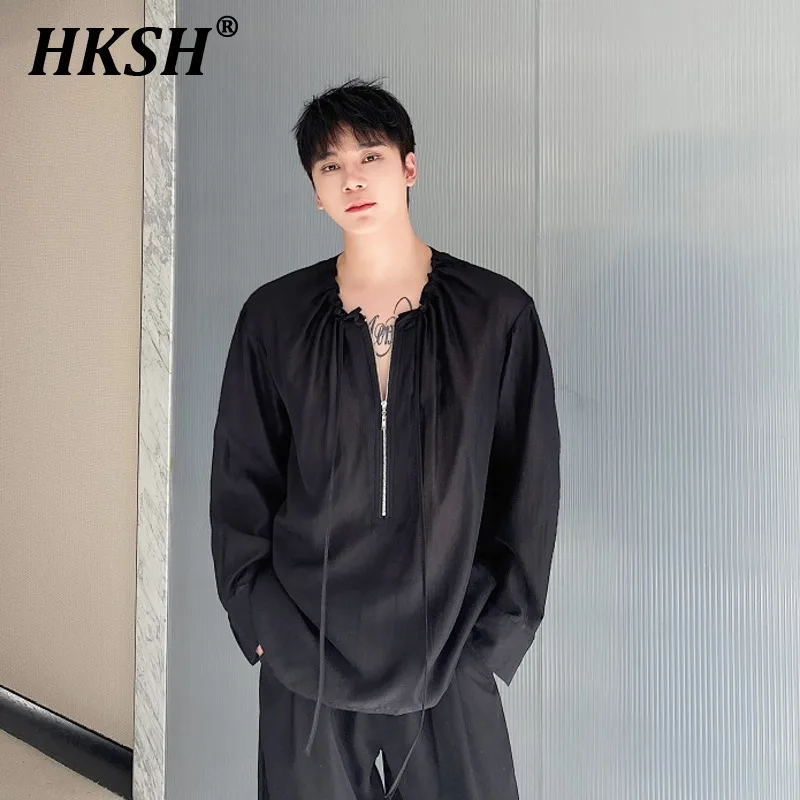 

HKSH Summer Personalized Round Neck Drawstring Zipper Design Organza Long Sleeve Shirt Sunproof Shirts For Men And Women HK1068