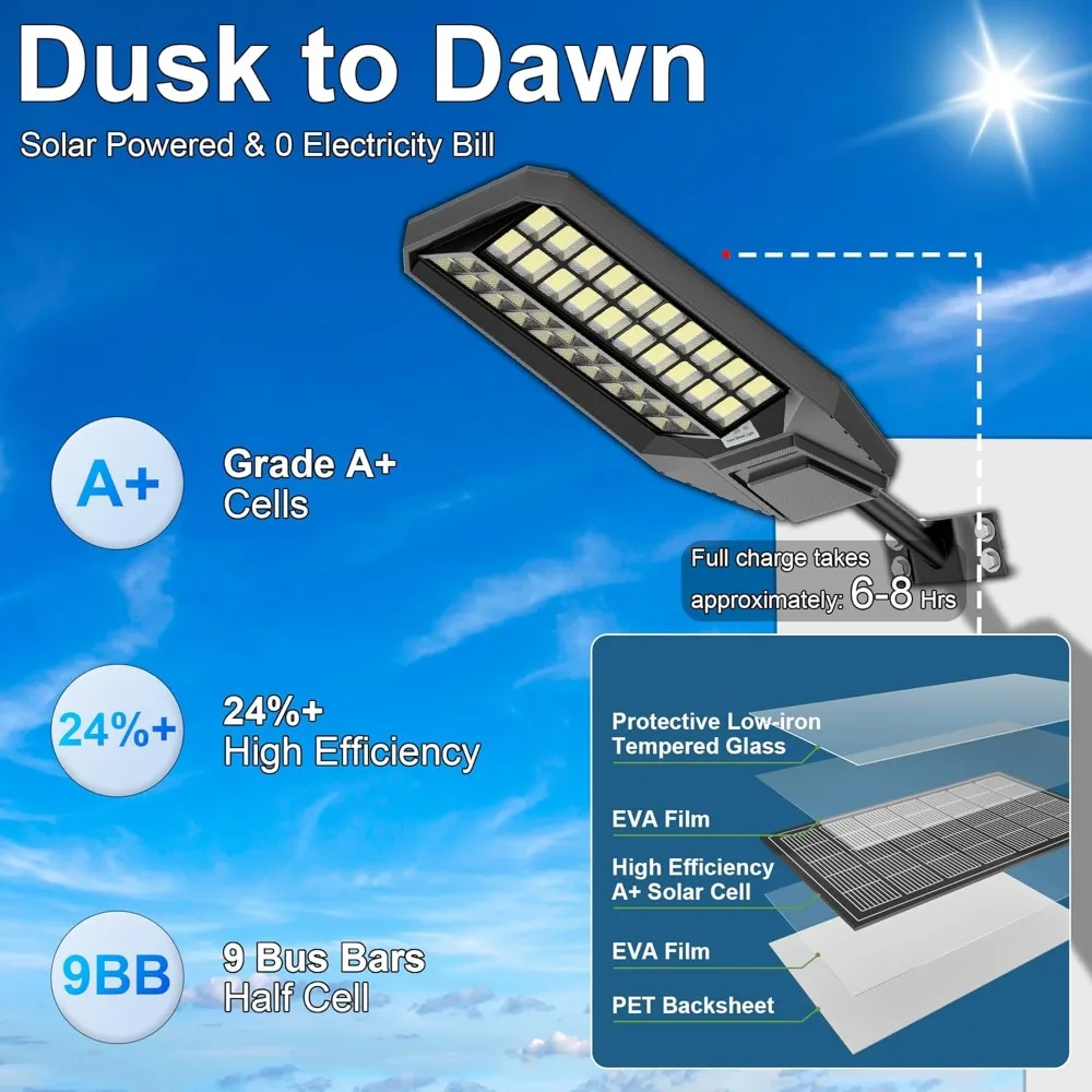 2-pack 8000w solar street light - 600000 lumens, dusk-to-dawn, waterproof, ideal for commercial & outdoor parking lots - energy- 2