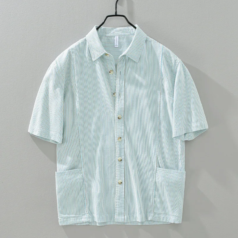Cotton Casual Shirts Men Casual Fashion Striped Short Sleeve Shirt Man Loose Large Size Button-up Shirt
